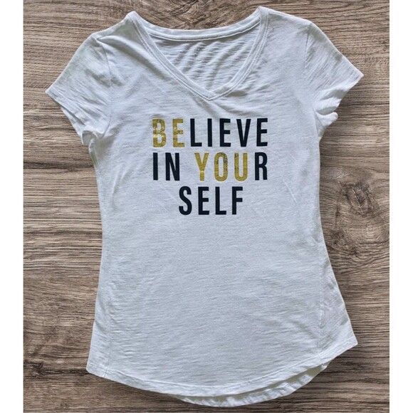 BCG Womens V Neck Top Short Sleeve Pullover T-Shirt Believe Graphic Tee Sz Small - Picture 1 of 12